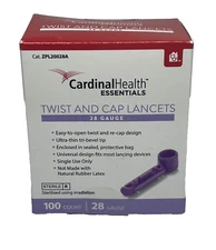 CARDINAL HEALTH ESSENTIALS™ Twist and Cap Lancets 28G Purple 100 COUNT Sealed