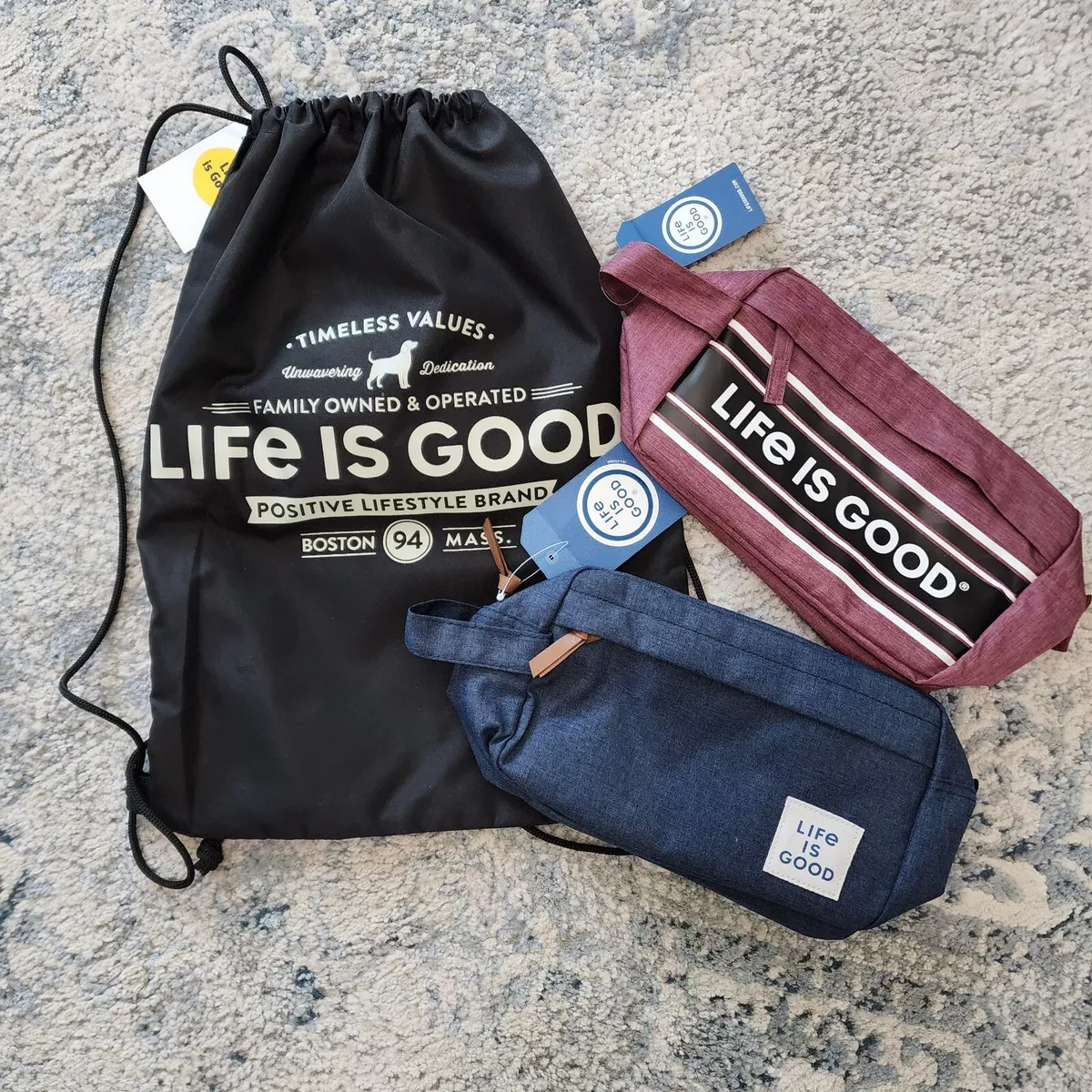 Lot of 3 Life is Good NWT Cinch Black Backpack Makeup Travel Bags Blue Brown