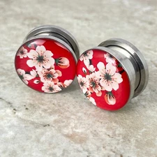 Pair of Screw on Red Floral Style 2 Picture Plugs gauges 16g thru 1 inch