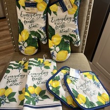 6 pc Kitchen Home Collection Lemons Fruit 2 Dish Towels, 2 Mitts, 2 Pot Holders