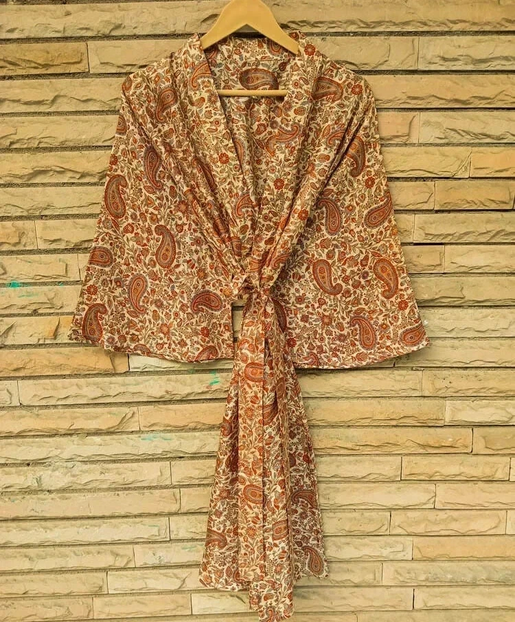 Vestido midi kimono de seda pura hasta la rodilla beige MKMO1259 Foto 4 de 4