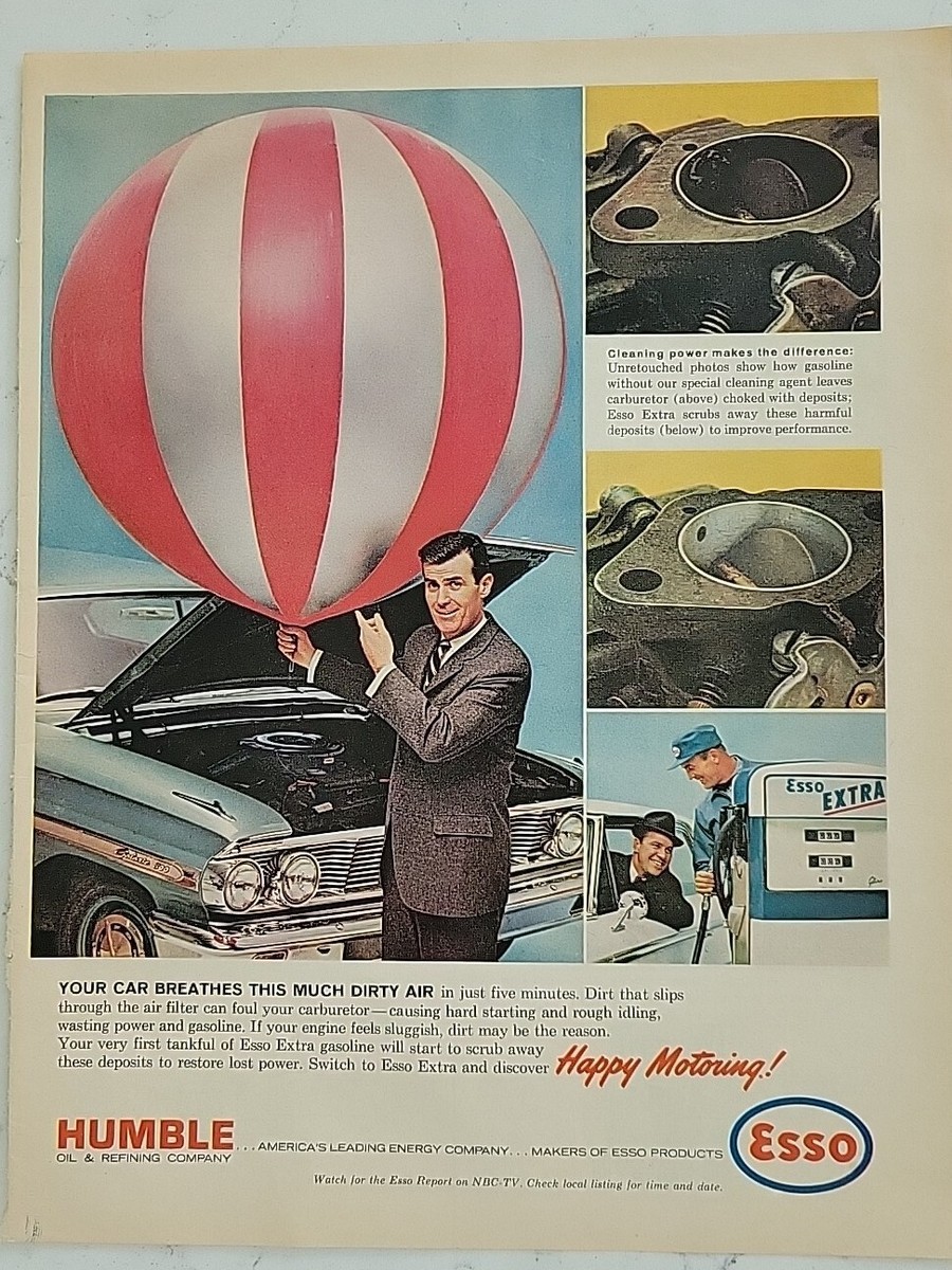 does esso sell cigarettes 1964 Humble ESSO Gasoline Gas Your car breathes dirty air vintage ad