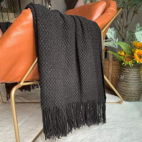Knitted Throw Blanket with Tassels Bubble Textured Lightweight 50x60" Black - Bild 2 von 7