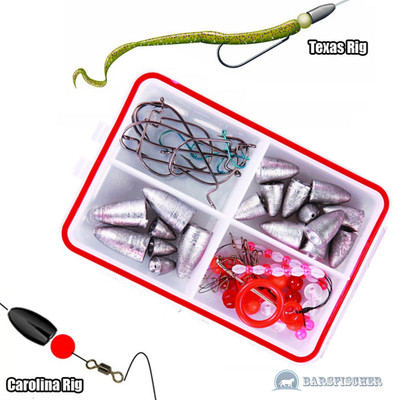 TEXAS RIGS & CAROLINA RIG SET, WORMSINKERDOSE MIT OFFSET HAKEN, BULLET DROP SHOT