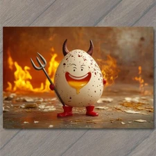 POSTCARD Deviled Egg Devil Horns Trident Fiery Background Fun Pun Cute Hell
