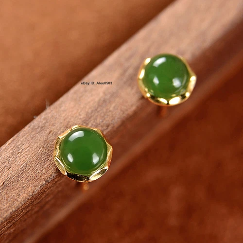 Solid 925 Sterling Silver With Natural Green Jade Stud Women Earrings 8mm W - Picture 4 of 5