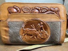 Vintage Hand Tooled Leather Purse Cowhide Inserts Mexico. Sueded Leather Inside,