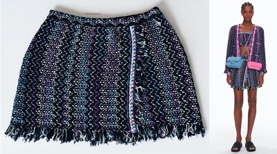 CHANEL 22P MULTICOLOR BLACK PURPLE BLUE TWEED FRINGE MNI SKIRT 42