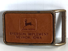John Deere Logo RYERSON IMPLEMENT Nevada, Iowa Leather Belt Buckle Vintage RARE!