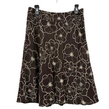 Vintage Y2K Ann Taylor Brown Silk Floral Embroidered Retro Skirt Sz 6 Midi Boho