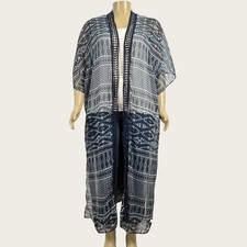 Lane Bryant Woman PLUS One Size Sheer Blue Geo Print Long Kimono Cardigan Topper
