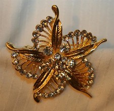 Dainty Goldtone Swirled Lacy Star Flower Rhinestone Brooch Pin