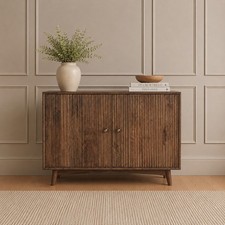 Solid Mango Wood Sideboard Cabinet Dark Brown Fluted Doors Rustic Storage Unit