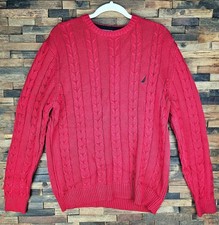 Nautica Men's Large Red 100 Cotton Ribbed Cable Knit Crew Neck Pullover Sweater