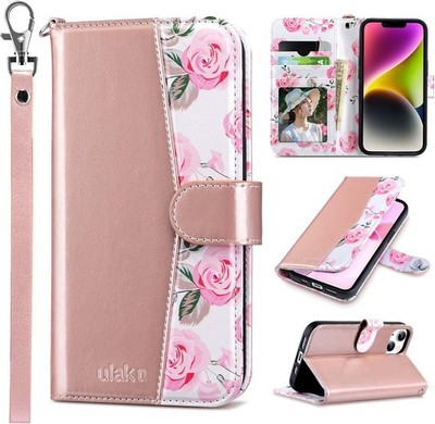 ULAK Compatible with iPhone 14 Wallet Case 14 - 6.1 inch, Rose Gold 