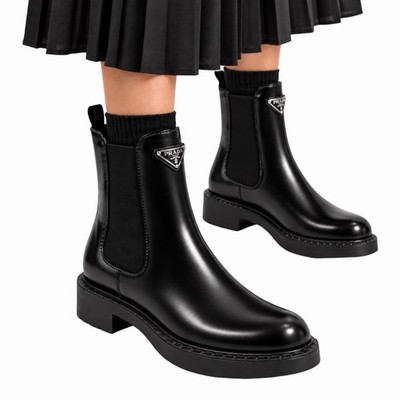 Prada Chocolate Brush Leather Enamel Logo Chelsea  Boots Black Women Size 39.5