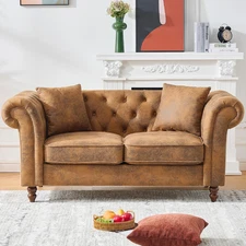 66" ‌Luxury Chesterfield Leather Sofa, Mid Century Modern 2 Seater Couch W/Roll 