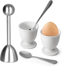 Egg Cups and Egg Cracker Set for Soft Boiled Eggs, 1 Stainless Steel Egg Cutt...