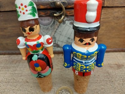 Vintage handbemalte Holzpuppe Nussknacker, Deutsche Dame Korken Weinflaschenverschluss