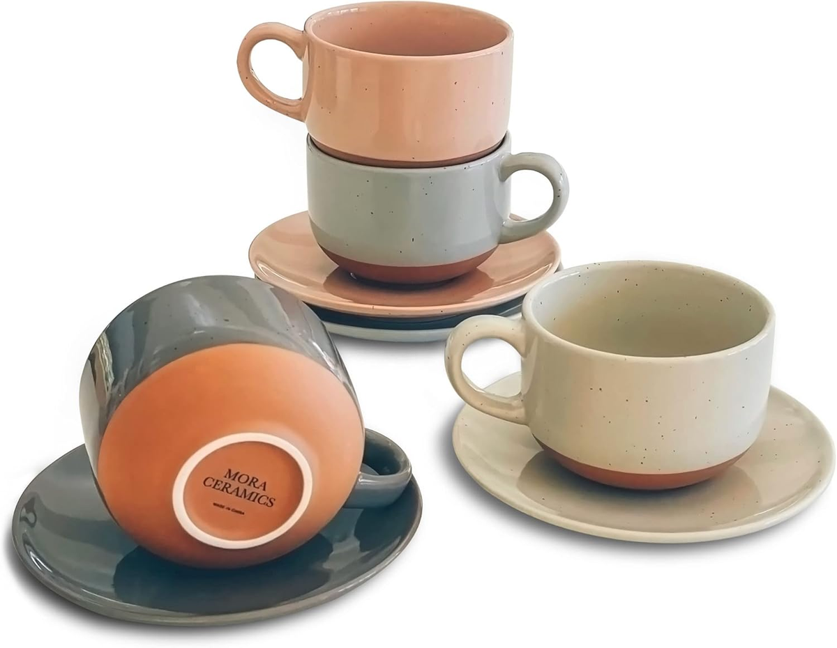 Ceramics 8Oz Cappuccino Mug Set of 4 - Ceramic Coffee Cups with Saucers -  Microw