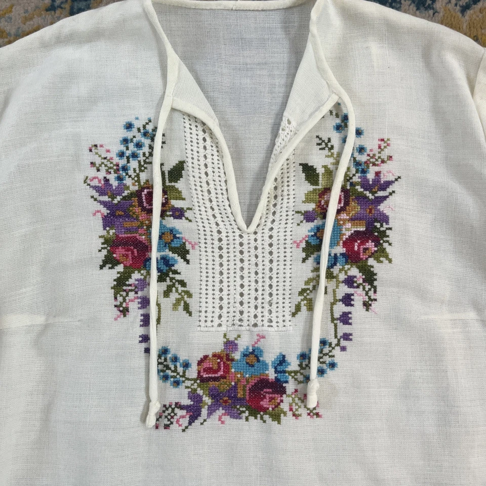 Blusa Campesina Floral Bordada Gasa Años 60 70 Bolsillos Boho De Colección Foto 2 de 4