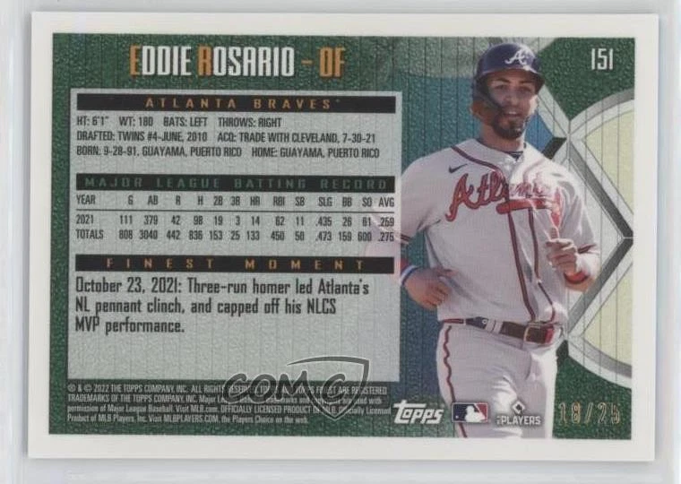 2022 Topps Finest Flashbacks Black Refractor /25 Eddie Rosario #151 - Image 2 of 2