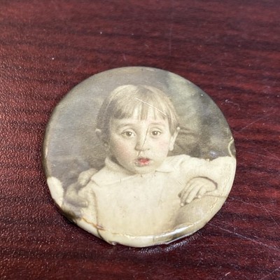 Antique Young Boy Celluloid Mourning Photo Pin Button Victorian Momento Mori