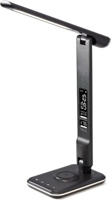 LED Desk Lamp, Wireless Charging, USB Port, Clock, Adjustable Light, Black
