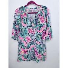 Lilly Pulitzer Tunic Dress Womens XS Tropical Floral Pima Cotton Bell Sleeve