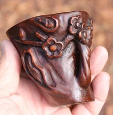 ANTIQUE CHINESE CARVED BAMBOO WOOD LIBATION CUP FLORAL SCENE