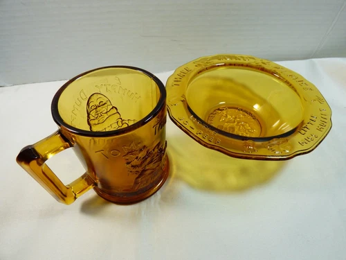 Tiara Amber Glass Humpty Dumpty Tom Tom Pipers Nursery Rhyme Child Mug Bowl set