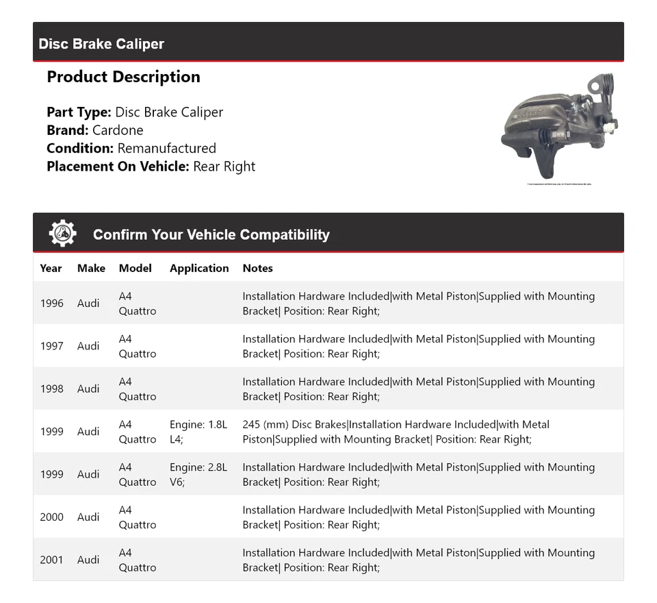 Pinza de freno de disco trasera derecha cardone 1997 1998 para Audi A4 Quattro 1996-2001 Foto 2 de 4
