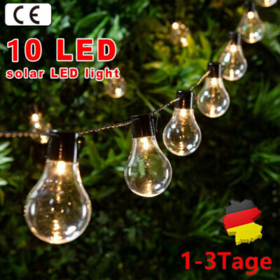 10 LED Solar Lichterkette Glühbirnen Außen Garten String Licht Birnen Party Deko