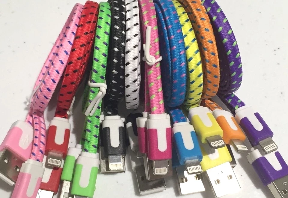 10FT LONG Flat Braided Fabric data USB Charger Cable for IPHONE X 8 7 6 PLUS 5S - Image 2 of 4