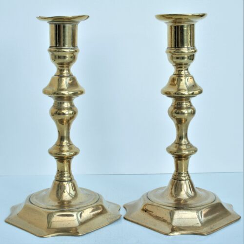 Antique Georgian Brass Candlesticks 18th Century Pair, 18.5cm Tall - Foto 1 di 18