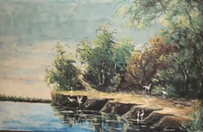 1980 Impressionist forest river landscape oil painting signed