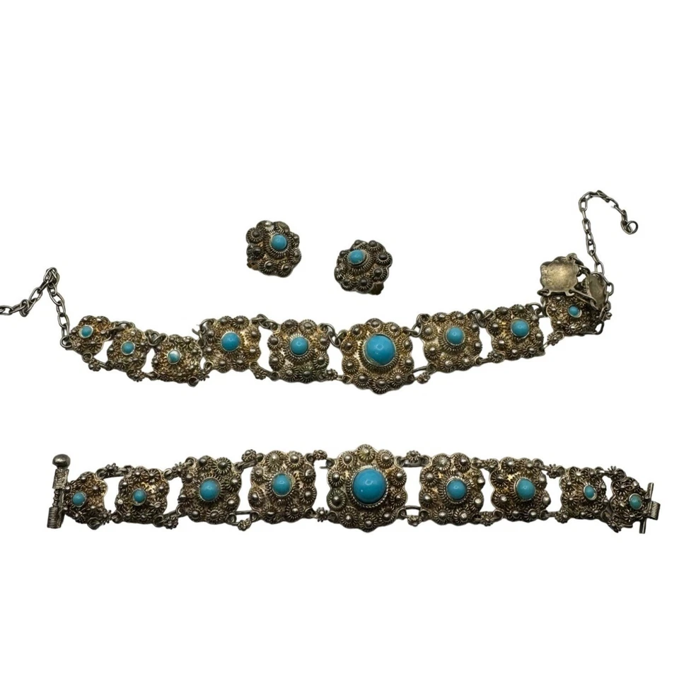 Antique Victorian Silver Sleeping Beauty Turquoise Necklace Bracelet Earrings - Image 2 of 4