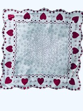 Vintage Red  White Heart Pattern Handkerchief With Scalloped Edges 13.5" x 13"