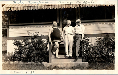 1931 Three Men On Steps Leg Up Suit Camp Buffalo Lake Luzerne NY Vintage Photo