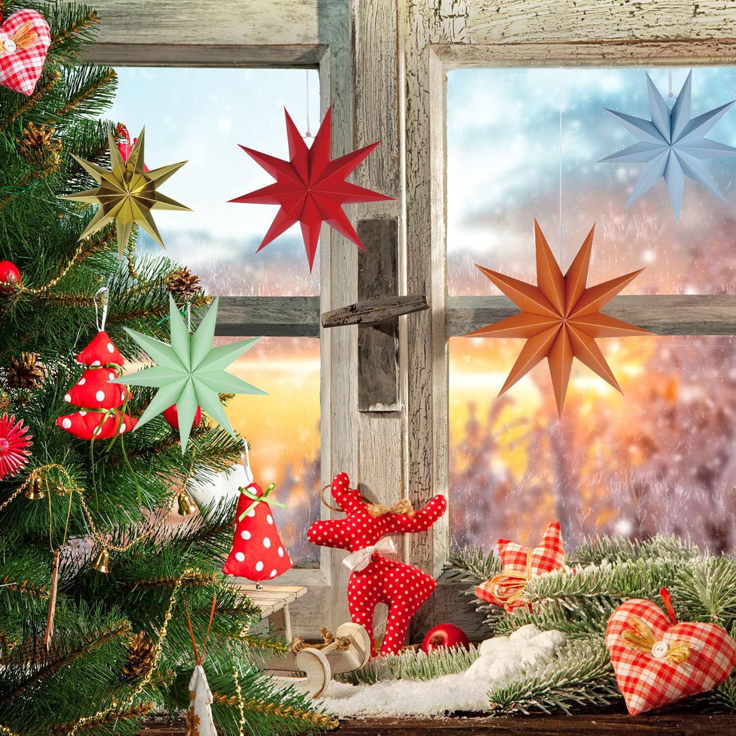 5Pack 9-Pointed Paper Star Lantern 11.8 inch Hanging Paper Lampshade for Wint...