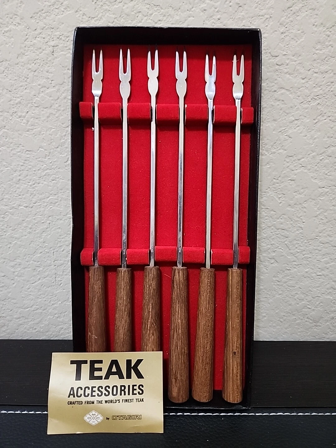 Vintage 70's MCM Otagiri Teak Fondue Forks, Original Box
