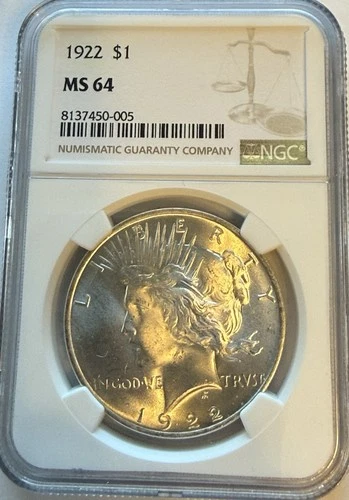 1922 Peace Dollar NGC MS 64 Philadelphia $1 Silver Coin KM#150