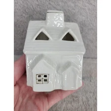 White Ceramic Christmas Village House Luminaria Tealight Holder Gold Trim