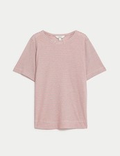 M&S Striped Top Linen Blend Ladies Crew Neck T-shirt Classic Summer EX