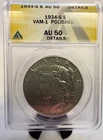 1934-S Peace Silver Dollar – ANACS  AU50 (Details / Polished) – Scarce Key Date!