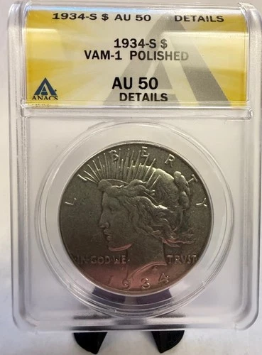 1934-S Peace Silver Dollar – ANACS  AU50 (Details / Polished) – Scarce Key Date!