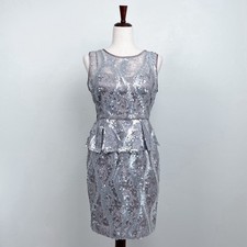 Adrianna Papell Silver Sequin Lace Sleeveless Peplum Cocktail Dress