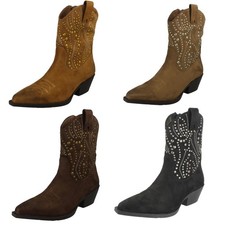 Image of Ladies Spot On Stud Detailed Small Heel Zip Ankle Cowboy Boots "F5R1257"