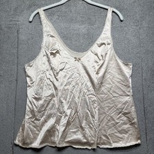 Vintage Nylon Slip Camisole Top Beige Satin Lace Trim Women s XL