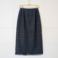 Vtg 90s Harve Benard Wool Plaid Pencil Midi Skirt Fringe Hem Gray Blue Size 4